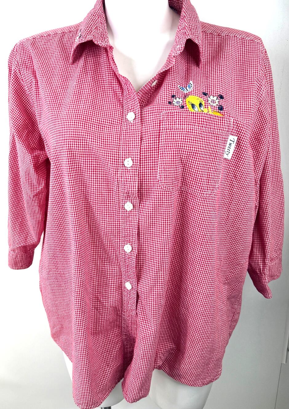 Looney Tunes Tweety Women's Vintage Checkered Button Up Shirt